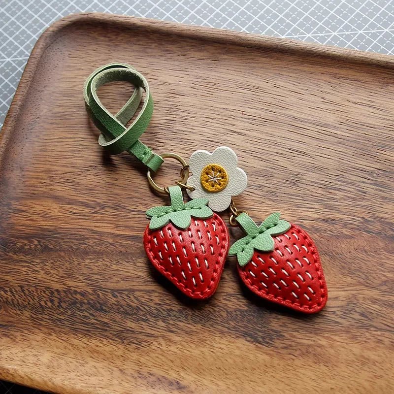 Cute Strawberry Leather Bag Charm – Handcrafted Fruit - Inspired Pendant with Daisy Detail | Playful Keychain Accessory | Lovely Gift for Women - shewearing