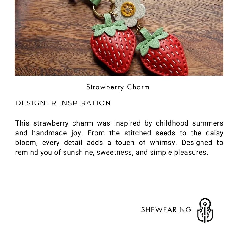 Cute Strawberry Leather Bag Charm – Handcrafted Fruit - Inspired Pendant with Daisy Detail | Playful Keychain Accessory | Lovely Gift for Women - shewearing