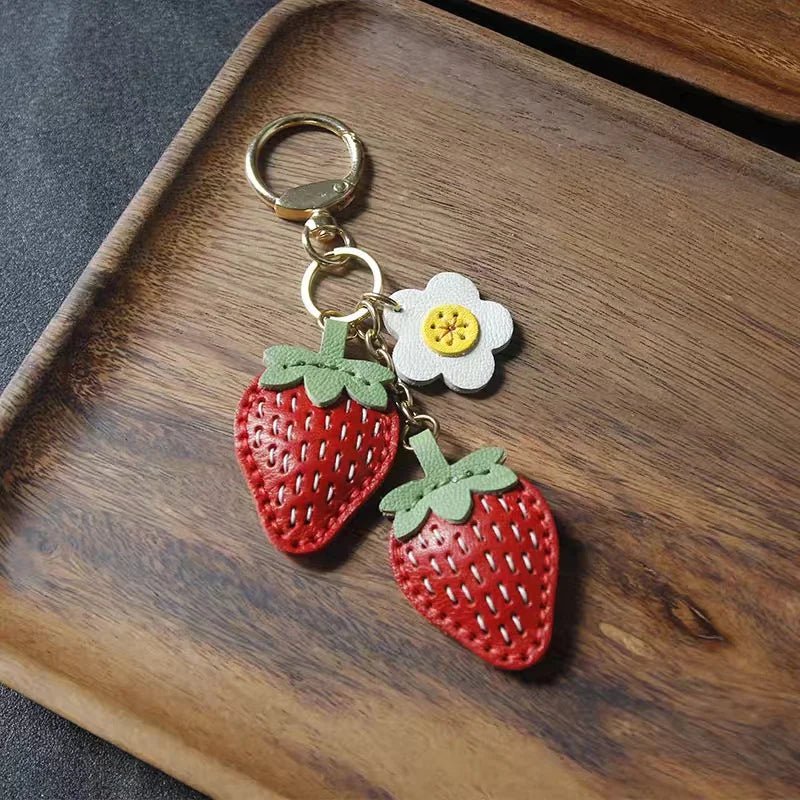 Cute Strawberry Leather Bag Charm – Handcrafted Fruit - Inspired Pendant with Daisy Detail | Playful Keychain Accessory | Lovely Gift for Women - shewearing