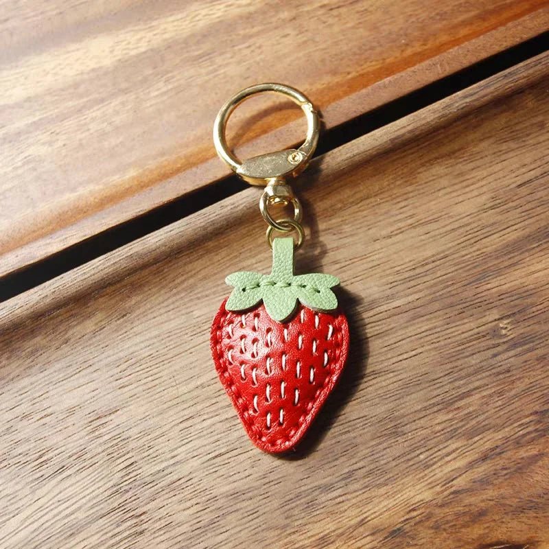 Cute Strawberry Leather Bag Charm – Handcrafted Fruit - Inspired Pendant with Daisy Detail | Playful Keychain Accessory | Lovely Gift for Women - shewearing