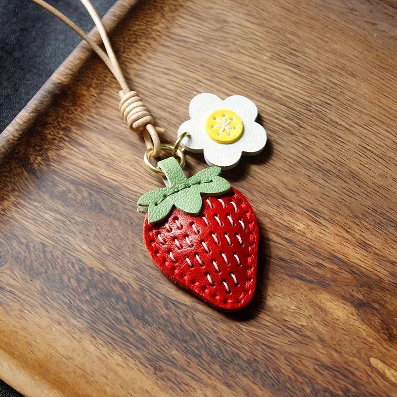 Cute Strawberry Leather Bag Charm – Handcrafted Fruit - Inspired Pendant with Daisy Detail | Playful Keychain Accessory | Lovely Gift for Women - shewearing