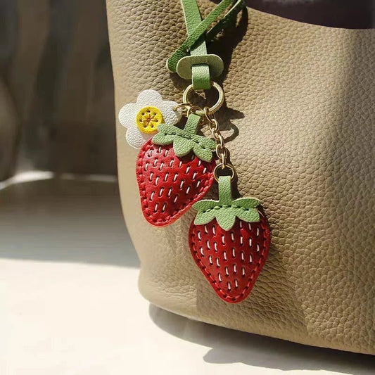 Cute Strawberry Leather Bag Charm – Handcrafted Fruit - Inspired Pendant with Daisy Detail | Playful Keychain Accessory | Lovely Gift for Women - shewearing