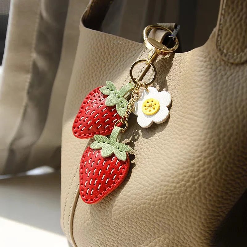 Cute Strawberry Leather Bag Charm – Handcrafted Fruit - Inspired Pendant with Daisy Detail | Playful Keychain Accessory | Lovely Gift for Women - shewearing