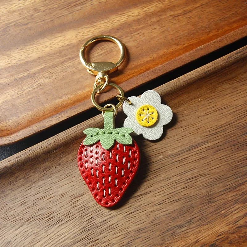 Cute Strawberry Leather Bag Charm – Handcrafted Fruit - Inspired Pendant with Daisy Detail | Playful Keychain Accessory | Lovely Gift for Women - shewearing