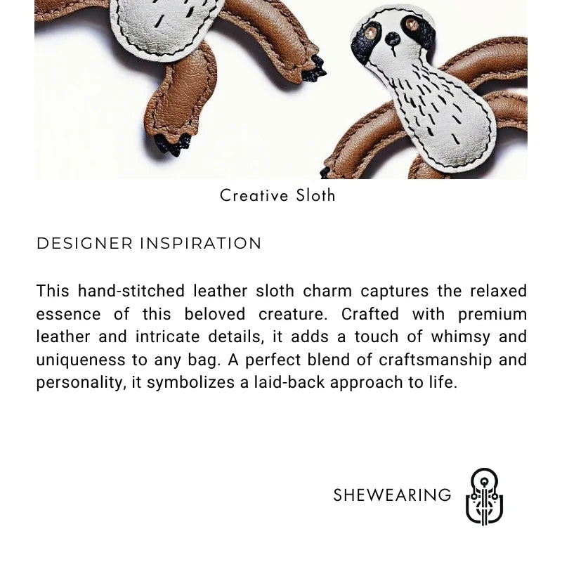 Designer Original Folivora Sloth Handmade Leather Bag Charm, Unique Keychain for Car or Bag, Small - Batch Artistic Accessory - shewearing