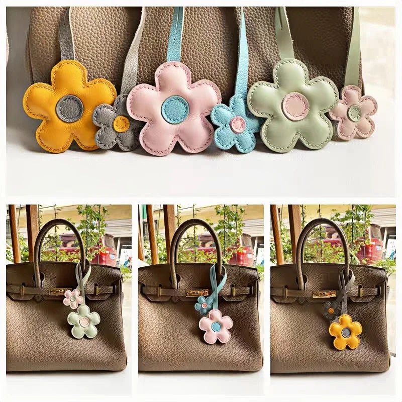Elegant Sunflower Charm - Dual - Flower and Triple - Flower Multicolor Handmade Genuine Leather Bag, Backpack Accessory, Keychain, Premium Gift - shewearing