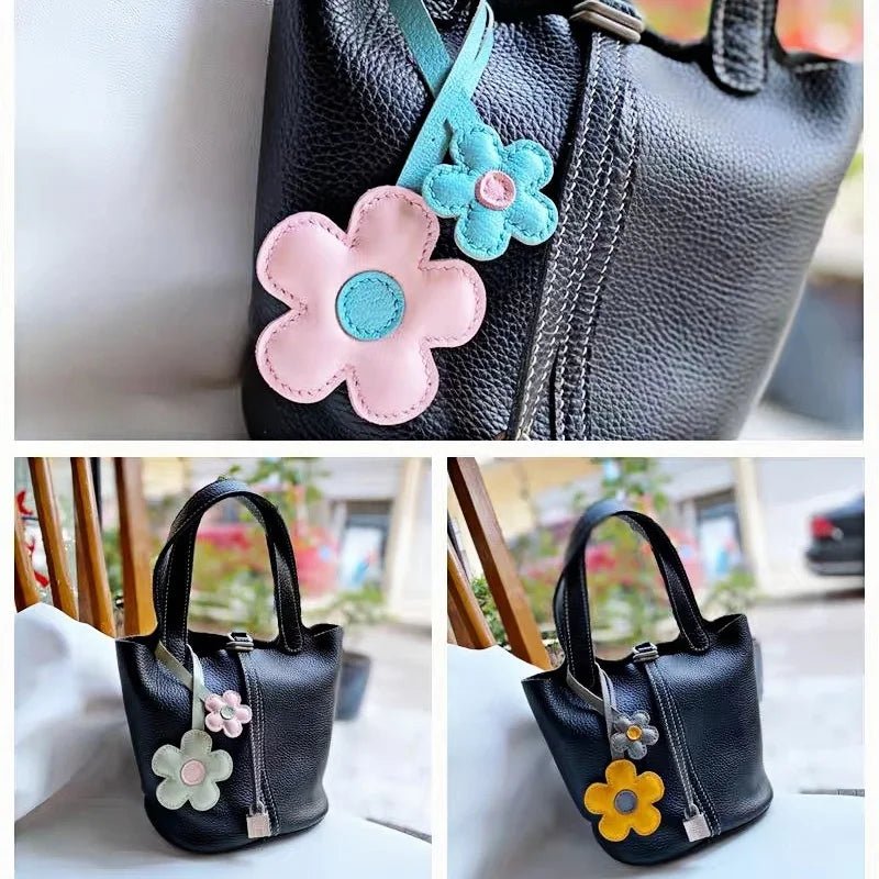 Elegant Sunflower Charm - Dual - Flower and Triple - Flower Multicolor Handmade Genuine Leather Bag, Backpack Accessory, Keychain, Premium Gift - shewearing