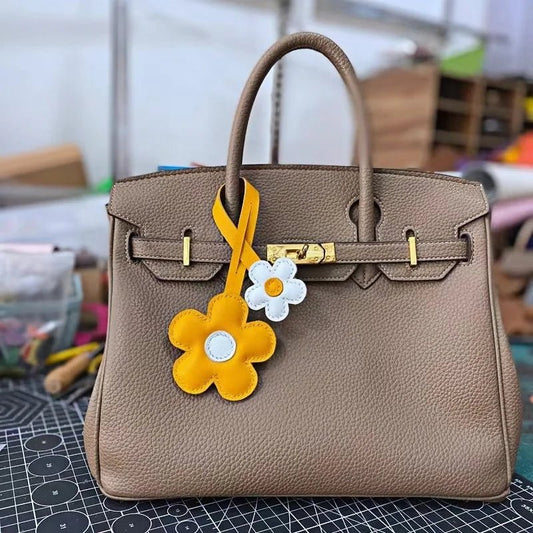 Elegant Sunflower Charm - Dual - Flower and Triple - Flower Multicolor Handmade Genuine Leather Bag, Backpack Accessory, Keychain, Premium Gift - shewearing