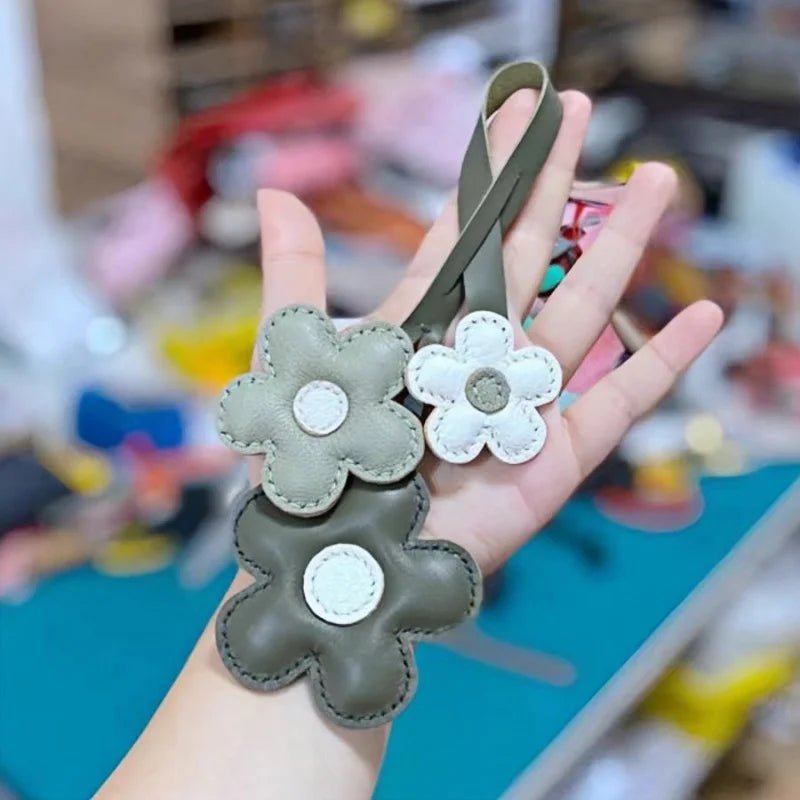 Elegant Sunflower Charm - Dual - Flower and Triple - Flower Multicolor Handmade Genuine Leather Bag, Backpack Accessory, Keychain, Premium Gift - shewearing
