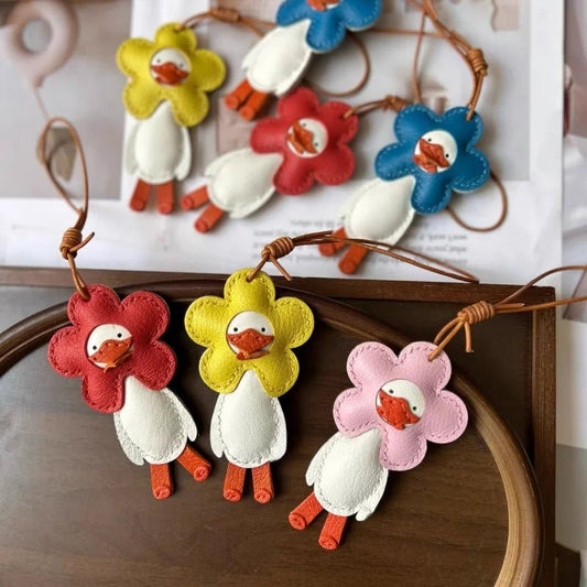 Flower Duck Leather Bag Charm – Handcrafted Animal Pendant Keychain | Cute Goose Accessory in Multiple Colors | Premium Leather Gift for Women & Kids - shewearing
