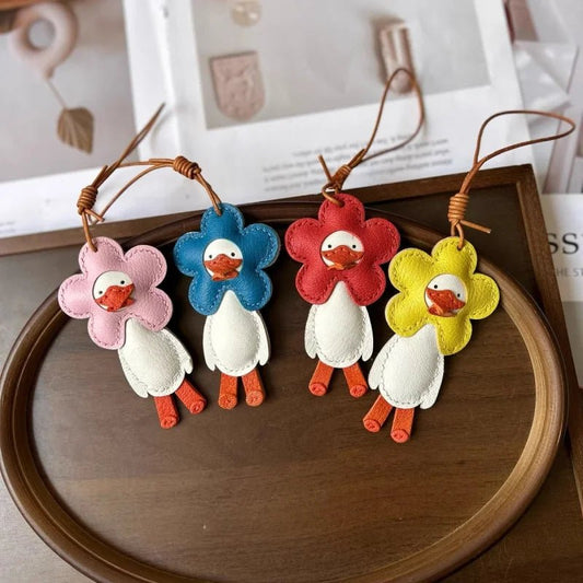 Flower Duck Leather Bag Charm – Handcrafted Animal Pendant Keychain | Cute Goose Accessory in Multiple Colors | Premium Leather Gift for Women & Kids - shewearing