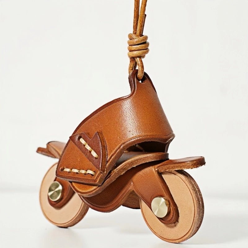 Flying Motorcycle Leather Bag Charm – Handcrafted Vegetable - Tanned Keychain for Bags or Keys, 3D Design, Unique Adventure - Inspired Gift - shewearing