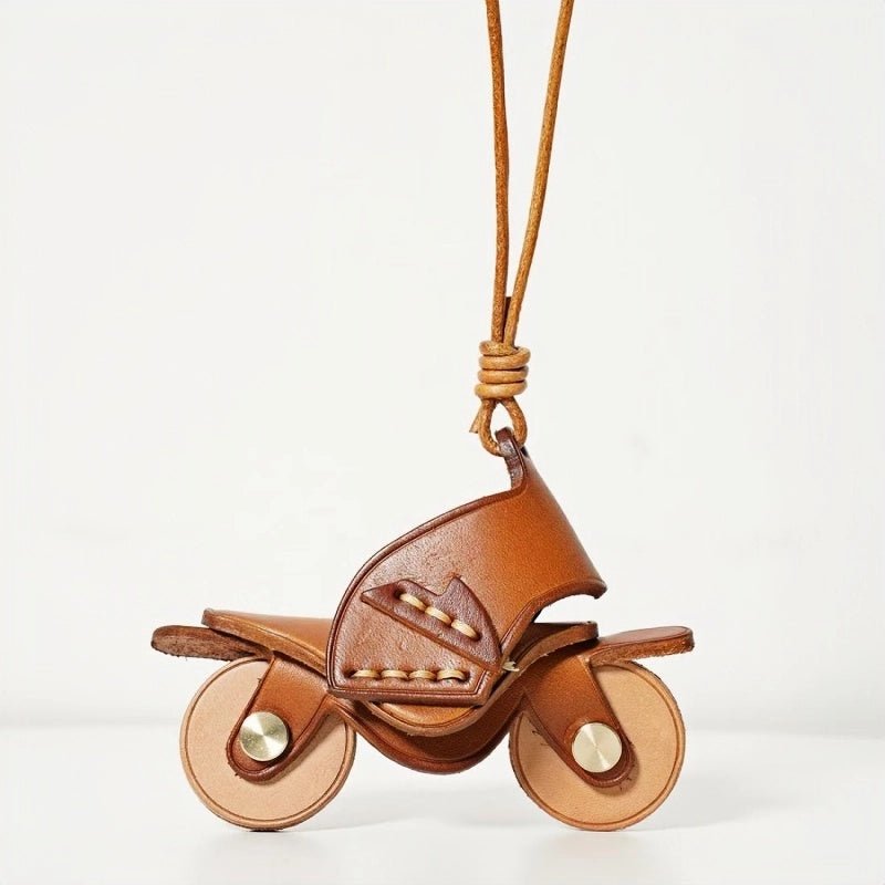 Flying Motorcycle Leather Bag Charm – Handcrafted Vegetable - Tanned Keychain for Bags or Keys, 3D Design, Unique Adventure - Inspired Gift - shewearing