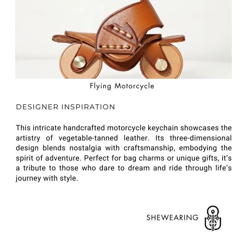 Flying Motorcycle Leather Bag Charm – Handcrafted Vegetable - Tanned Keychain for Bags or Keys, 3D Design, Unique Adventure - Inspired Gift - shewearing