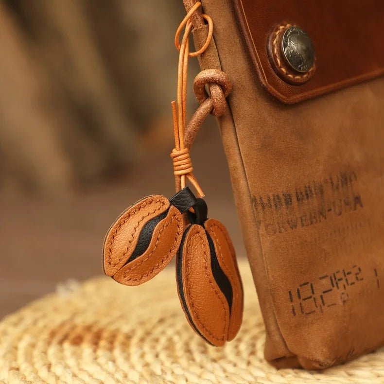 French Lambskin Coffee Bean Bag Charm – Handcrafted Dual - Tone Leather Keychain | Vintage - Inspired Pendant for Handbags & Cars | Unique Gift for Coffee Lovers - shewearing