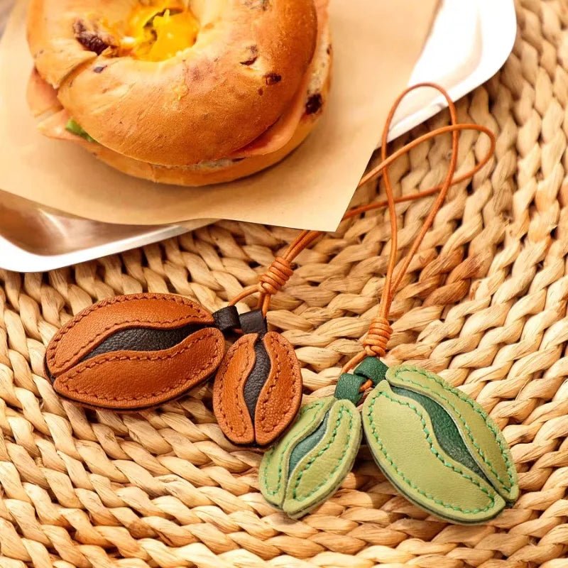 French Lambskin Coffee Bean Bag Charm – Handcrafted Dual - Tone Leather Keychain | Vintage - Inspired Pendant for Handbags & Cars | Unique Gift for Coffee Lovers - shewearing