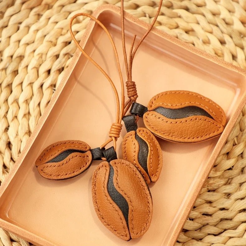 French Lambskin Coffee Bean Bag Charm – Handcrafted Dual - Tone Leather Keychain | Vintage - Inspired Pendant for Handbags & Cars | Unique Gift for Coffee Lovers - shewearing