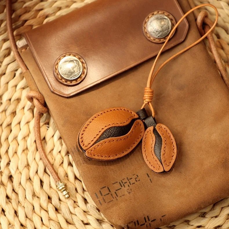 French Lambskin Coffee Bean Bag Charm – Handcrafted Dual - Tone Leather Keychain | Vintage - Inspired Pendant for Handbags & Cars | Unique Gift for Coffee Lovers - shewearing