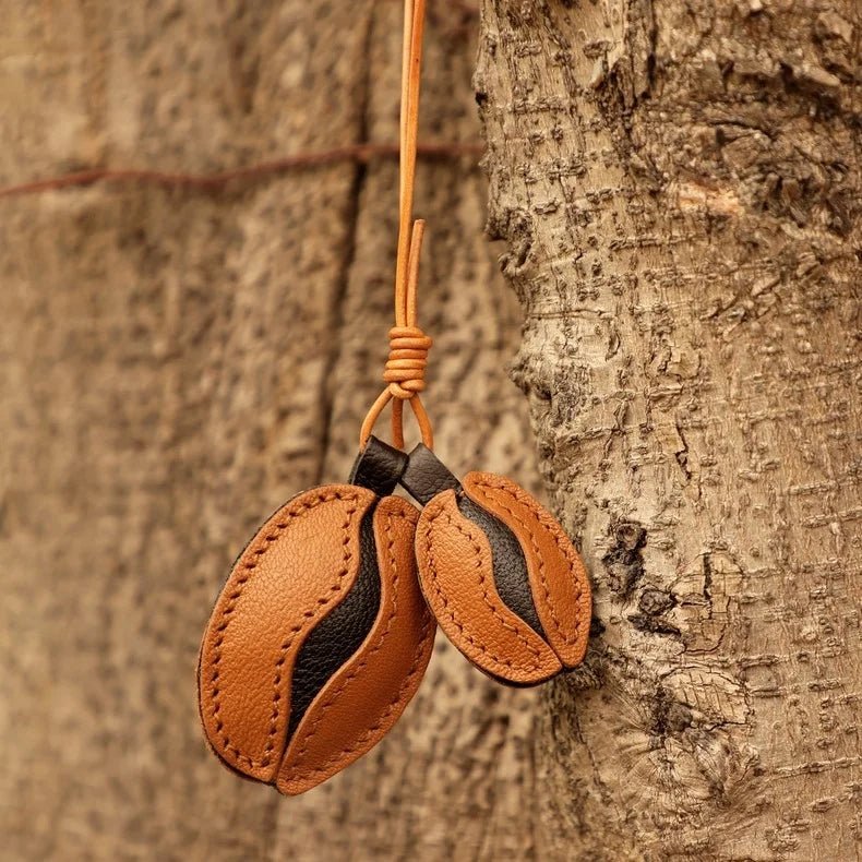 French Lambskin Coffee Bean Bag Charm – Handcrafted Dual - Tone Leather Keychain | Vintage - Inspired Pendant for Handbags & Cars | Unique Gift for Coffee Lovers - shewearing