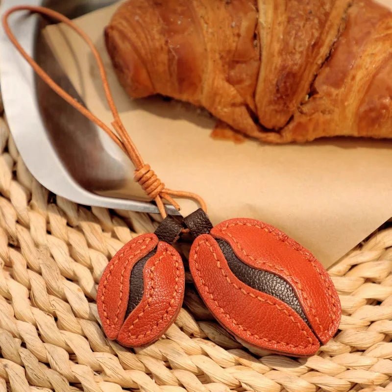 French Lambskin Coffee Bean Bag Charm – Handcrafted Dual - Tone Leather Keychain | Vintage - Inspired Pendant for Handbags & Cars | Unique Gift for Coffee Lovers - shewearing