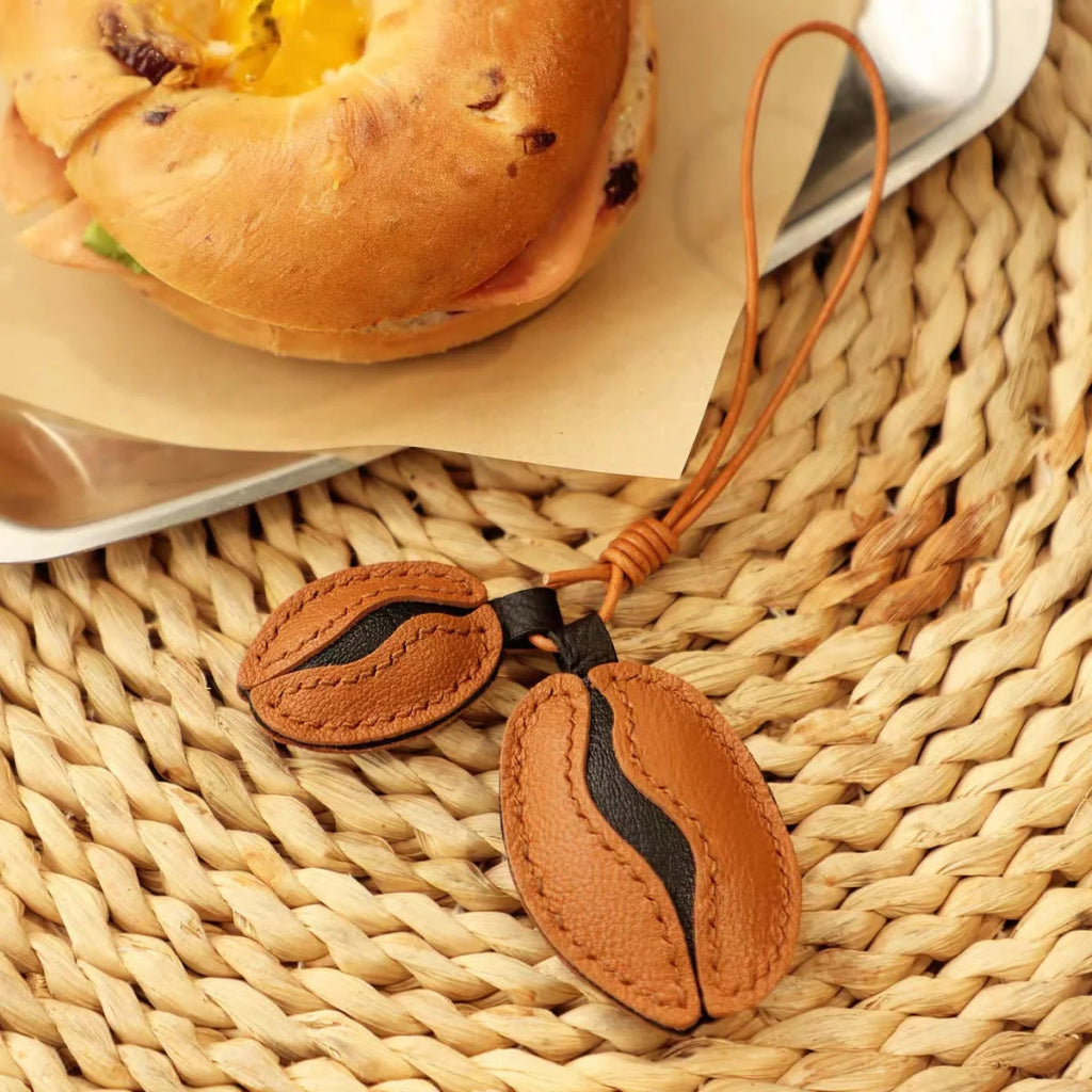 French Lambskin Coffee Bean Bag Charm – Handcrafted Dual - Tone Leather Keychain | Vintage - Inspired Pendant for Handbags & Cars | Unique Gift for Coffee Lovers - shewearing