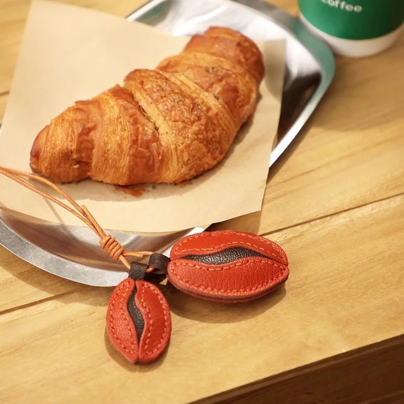 French Lambskin Coffee Bean Bag Charm – Handcrafted Dual - Tone Leather Keychain | Vintage - Inspired Pendant for Handbags & Cars | Unique Gift for Coffee Lovers - shewearing