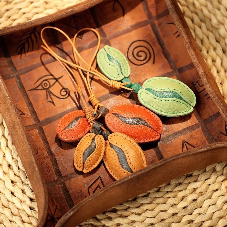 French Lambskin Coffee Bean Bag Charm – Handcrafted Dual - Tone Leather Keychain | Vintage - Inspired Pendant for Handbags & Cars | Unique Gift for Coffee Lovers - shewearing