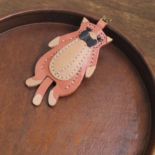 Gentleman Cat Leather Bag Charm – Handmade Full - Grain Leather Pendant | Vintage Bow - Tie Kitty Keychain | Cute & Quirky Gift for Her - shewearing