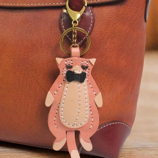 Gentleman Cat Leather Bag Charm – Handmade Full - Grain Leather Pendant | Vintage Bow - Tie Kitty Keychain | Cute & Quirky Gift for Her - shewearing