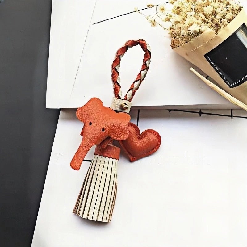 Genuine Leather Tassel Elephant Bag Charm – Cute Heart Design, Handmade Accessory for Bags and Keys, Fashionable and Versatile Gift for Women - shewearing
