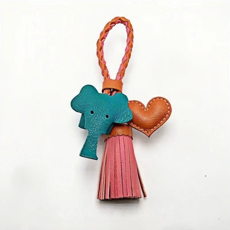 Genuine Leather Tassel Elephant Bag Charm – Cute Heart Design, Handmade Accessory for Bags and Keys, Fashionable and Versatile Gift for Women - shewearing