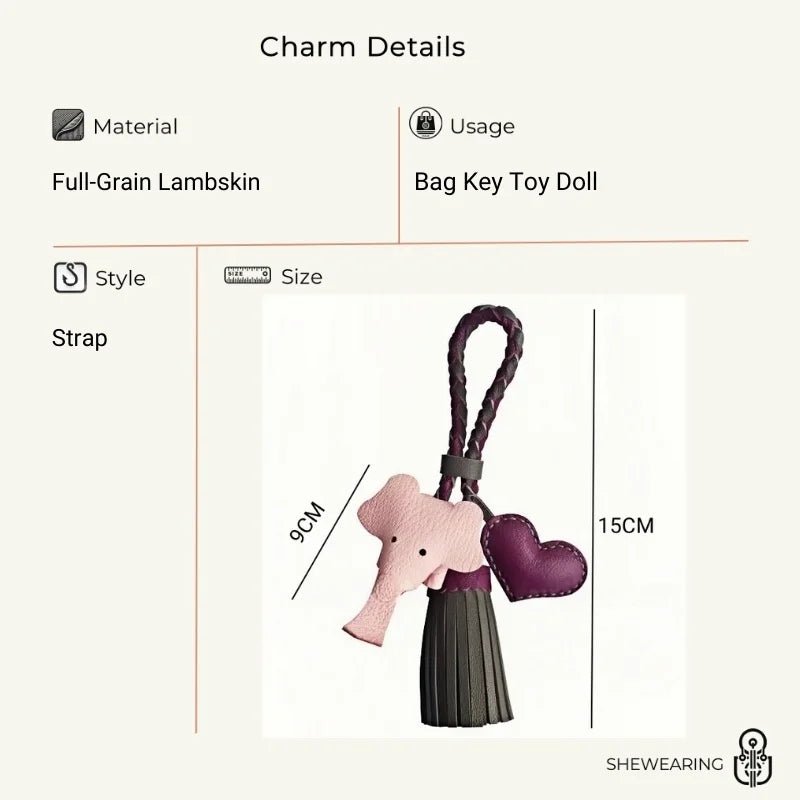 Genuine Leather Tassel Elephant Bag Charm – Cute Heart Design, Handmade Accessory for Bags and Keys, Fashionable and Versatile Gift for Women - shewearing