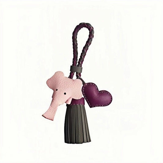 Genuine Leather Tassel Elephant Bag Charm – Cute Heart Design, Handmade Accessory for Bags and Keys, Fashionable and Versatile Gift for Women - shewearing