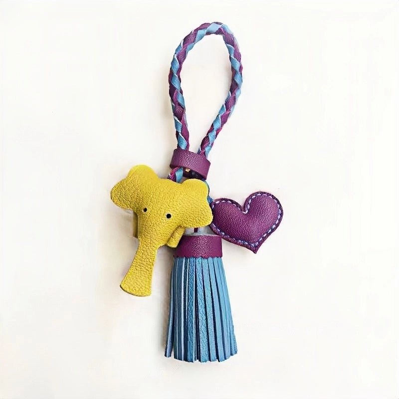 Genuine Leather Tassel Elephant Bag Charm – Cute Heart Design, Handmade Accessory for Bags and Keys, Fashionable and Versatile Gift for Women - shewearing