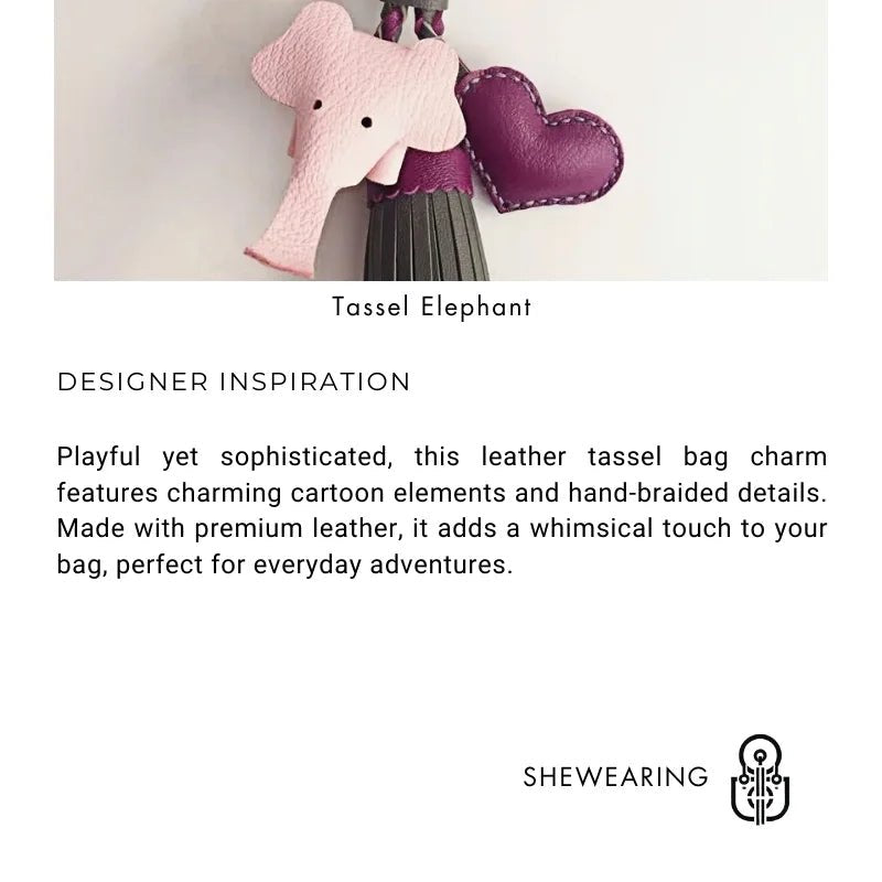 Genuine Leather Tassel Elephant Bag Charm – Cute Heart Design, Handmade Accessory for Bags and Keys, Fashionable and Versatile Gift for Women - shewearing