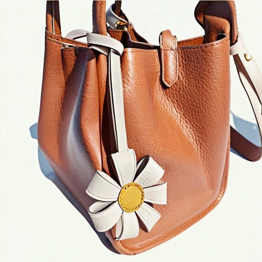 Geometric Daisy Leather Bag Charm – Minimalist Handmade Design, High - Quality Key Accessory, Premium Full - Grain Goatskin, Sophisticated Gift for Women - shewearing