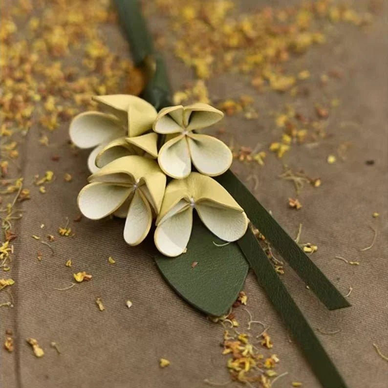 Golden Osmanthus Leather Flower Charm – Handmade Full - Grain Cowhide Floral Pendant | Realistic 3D Bloom Keychain for Elegant Bag Decoration - shewearing