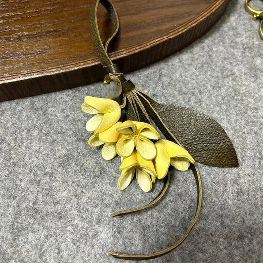 Golden Osmanthus Leather Flower Charm – Handmade Full - Grain Cowhide Floral Pendant | Realistic 3D Bloom Keychain for Elegant Bag Decoration - shewearing