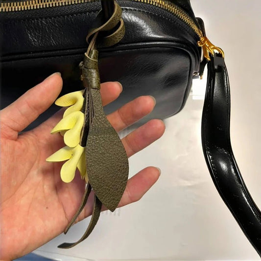 Golden Osmanthus Leather Flower Charm – Handmade Full - Grain Cowhide Floral Pendant | Realistic 3D Bloom Keychain for Elegant Bag Decoration - shewearing