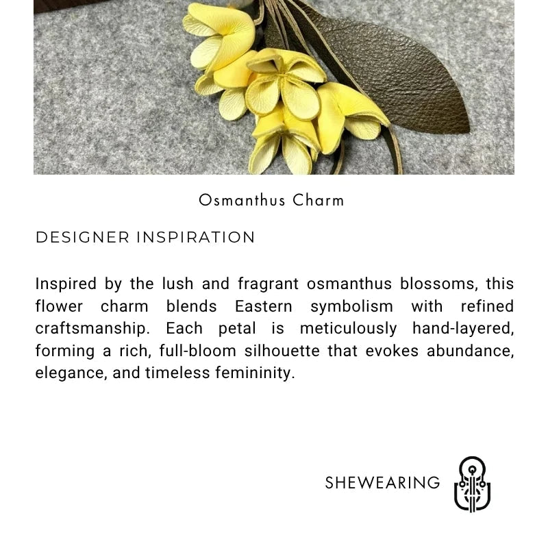 Golden Osmanthus Leather Flower Charm – Handmade Full - Grain Cowhide Floral Pendant | Realistic 3D Bloom Keychain for Elegant Bag Decoration - shewearing