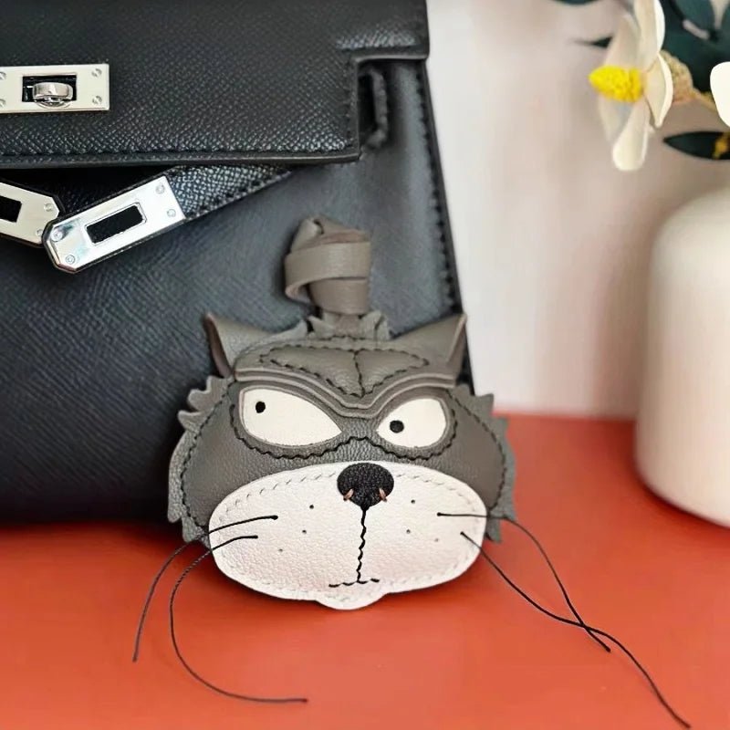 Grumpy Cat Leather Charm – Handmade Full - Grain Goatskin Bag and Key Accessory, Unique Gift for Cat Lovers - shewearing