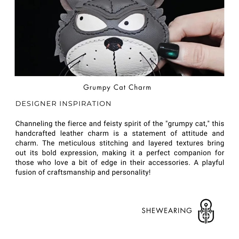 Grumpy Cat Leather Charm – Handmade Full - Grain Goatskin Bag and Key Accessory, Unique Gift for Cat Lovers - shewearing