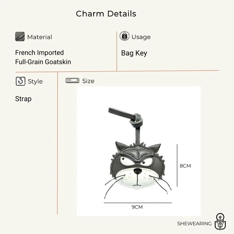 Grumpy Cat Leather Charm – Handmade Full - Grain Goatskin Bag and Key Accessory, Unique Gift for Cat Lovers - shewearing