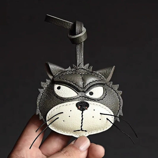 Grumpy Cat Leather Charm – Handmade Full - Grain Goatskin Bag and Key Accessory, Unique Gift for Cat Lovers - shewearing