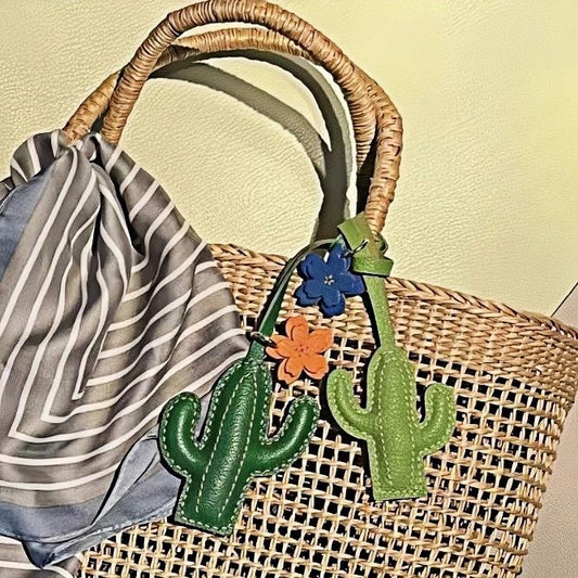 Hand - Stitched Genuine Leather Cactus Charm – INS Style Bag Accessory, Creative Gift, Keychain, Versatile and Trendy - shewearing