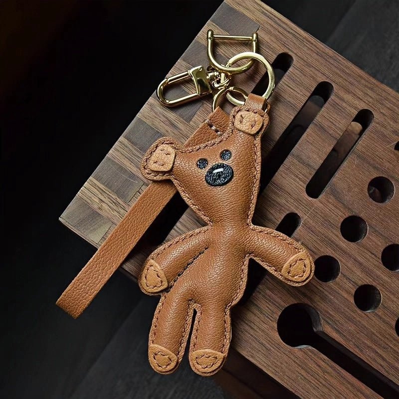 Hand - Stitched Leather Bear Bag Charm – Adorable Vintage Keychain Gift for Her - shewearing