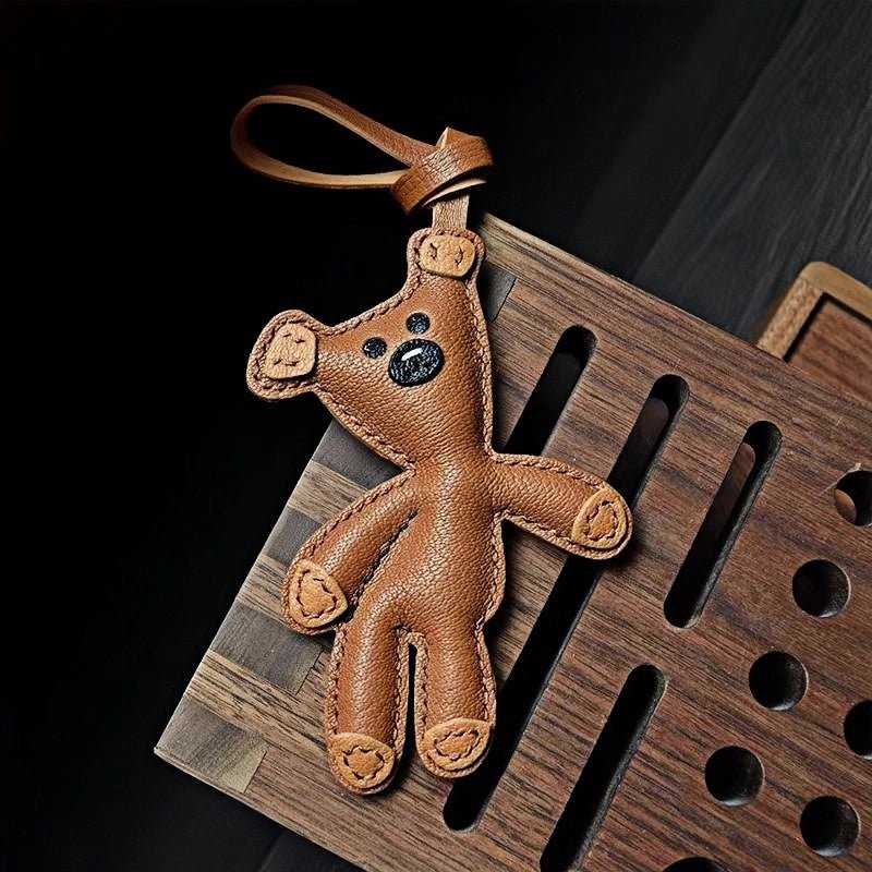 Hand - Stitched Leather Bear Bag Charm – Adorable Vintage Keychain Gift for Her - shewearing