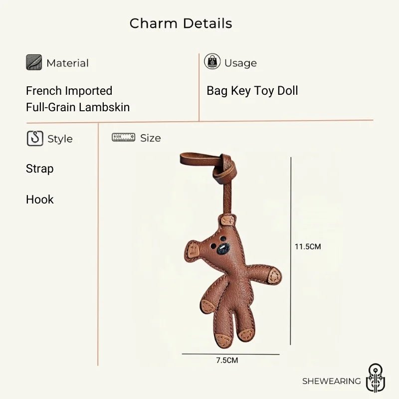 Hand - Stitched Leather Bear Bag Charm – Adorable Vintage Keychain Gift for Her - shewearing