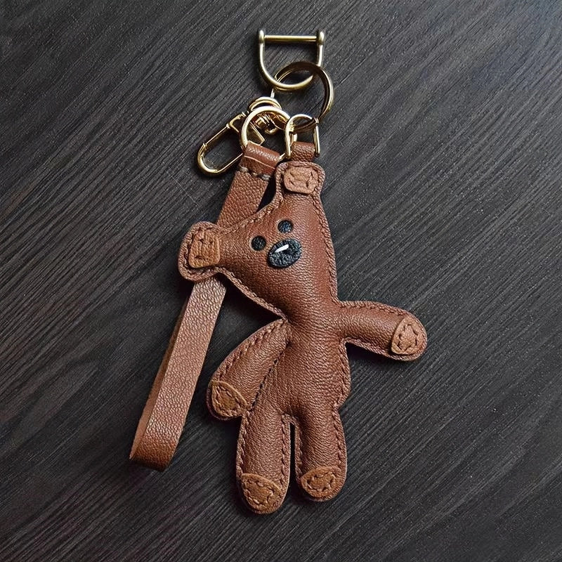 Hand - Stitched Leather Bear Bag Charm – Adorable Vintage Keychain Gift for Her - shewearing