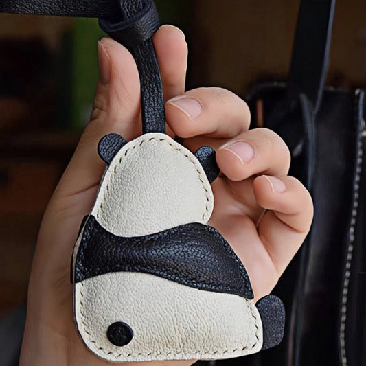 Hand - Stitched Panda Leather Bag Charm – Full - Grain Cowhide Keychain, Minimalist Black - and - White Design, Whimsical Gift for Her - shewearing